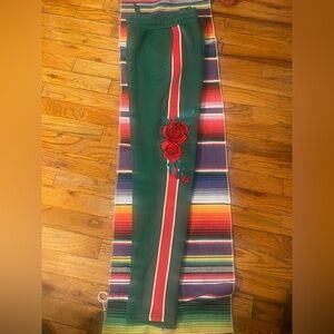Green Track Pants with Red Rose Embroidery